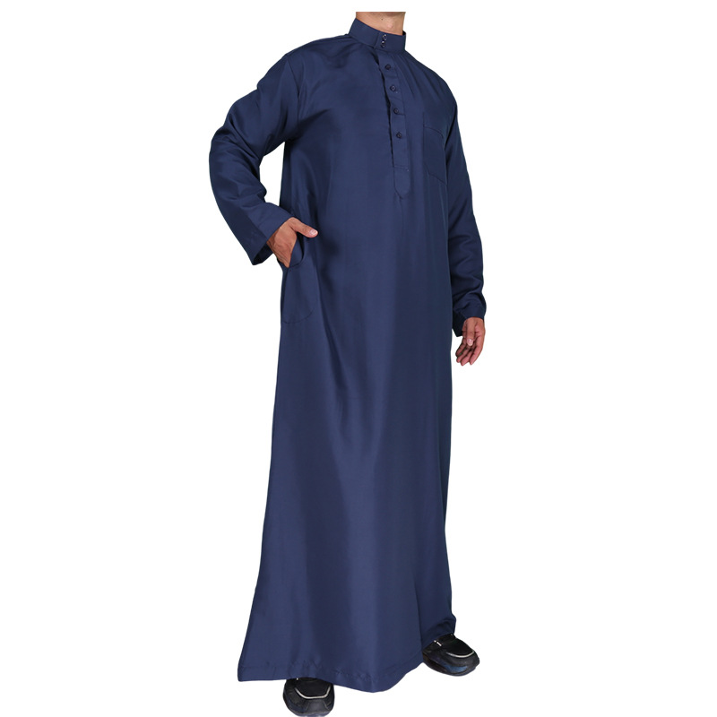 Spot Wholesale Polyester Light Plate Style Navy Blue Arabic Robe Long Sleeve Loose Muslim Ethnic Style