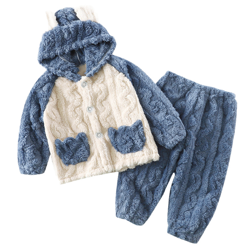 Flannel Kidsren's Pajamas Autumn and Winter Thickeneded Jacquard Hooded Long-Sleeved Pants Medium and Large Kidsren Cartoon Home Clothes with Flap Pocket Pantss
