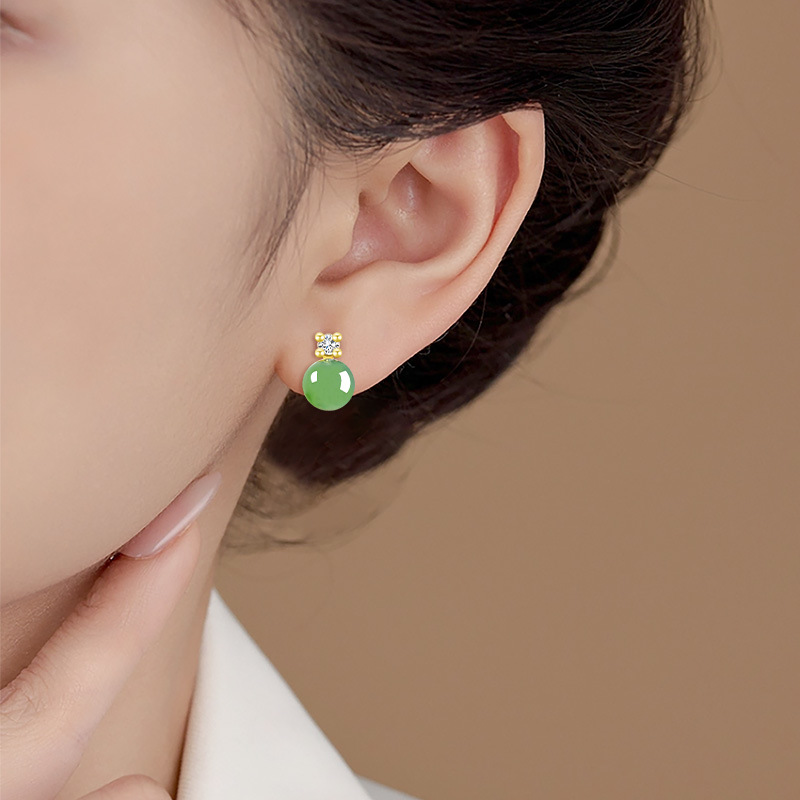Spinach green natural old material Hetian jade jasper 6mm round bead earrings women's genuine goods S925 silver jade earrings