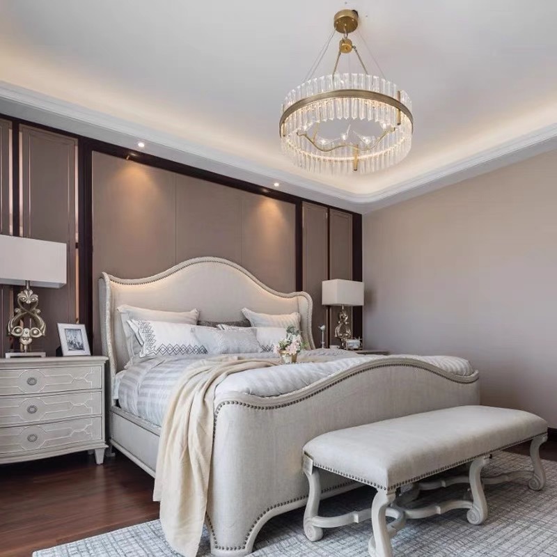 American Art Summer Picture Double Bed Bedroom Furniture Combination with Solid Wood Bedside Table, Bedside Stool, Dressing Table and Drawer Cabinet