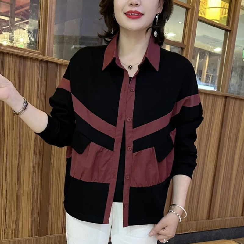 Cross-border Spring and Autumn New Loose Slim Contrast Women's Thin Coat Top Polo Collar Stitching Fashionable Age-reducing Jacket