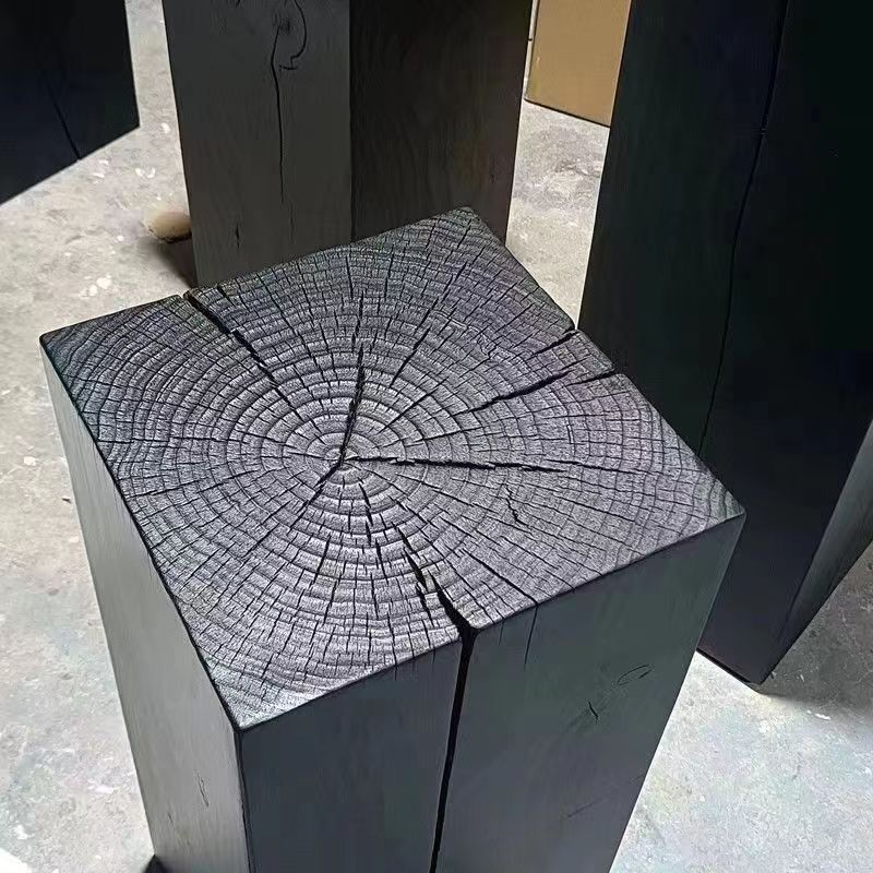 Quiet Wind Carbonized Square Wooden Pier Black Column Furniture Low Stool Household Flower Stand Solid Wood Base Decoration Side Table