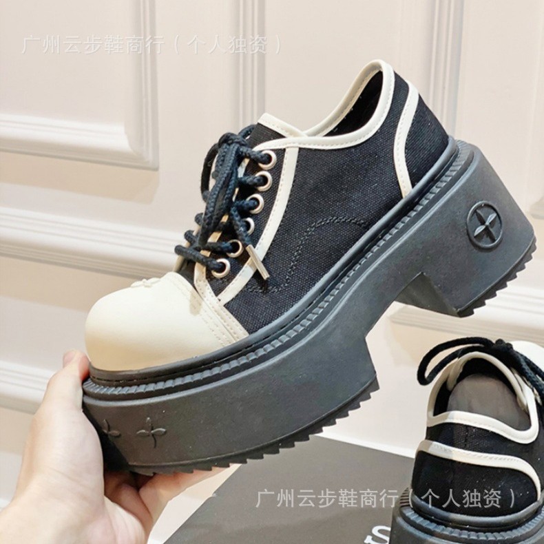 High Version Derby Shoes Cruciferous Vintage Genuine Leather Platform Shoes Casual Trendy Brand Increased Color-block Canvas Shoes for Women