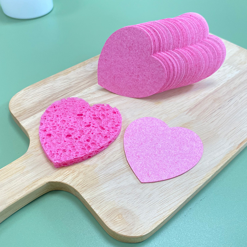 Cross-Border Pink Wood Pulp Cotton Face Wash Puff Makeup Remover Cleansing Powder Puff Heart Shape Soaked in Water to Become Larger Compressed Wood Pulp Ready Stock