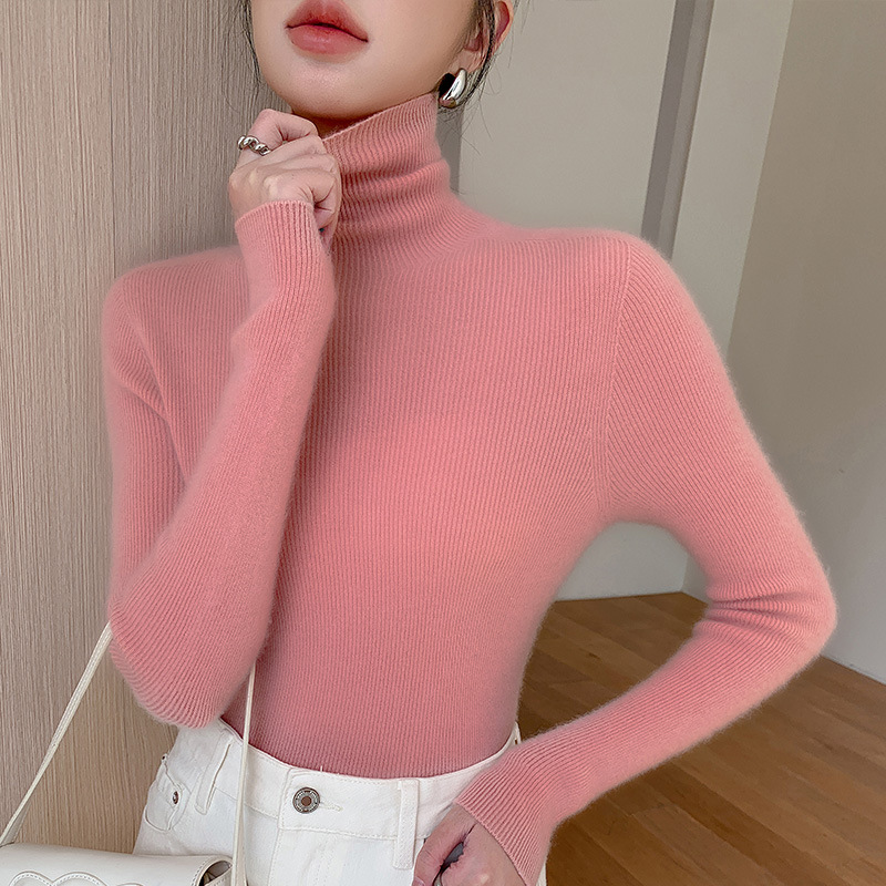 First-Line Garment Seamless 100 Pure Wool Turtleneck Base Shirt Women's Autumn and Winter Slim-Fit Piled Collar Knitted Slim Sweater
