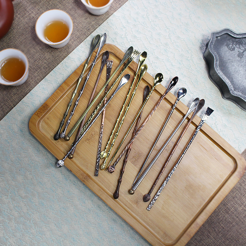 Антикварная металлическая чайная ложка, антикварная медная, с резьбой, бамбуковая ложка, чайная ложка, аксессуары для чайной церемонии, оптовая продажа