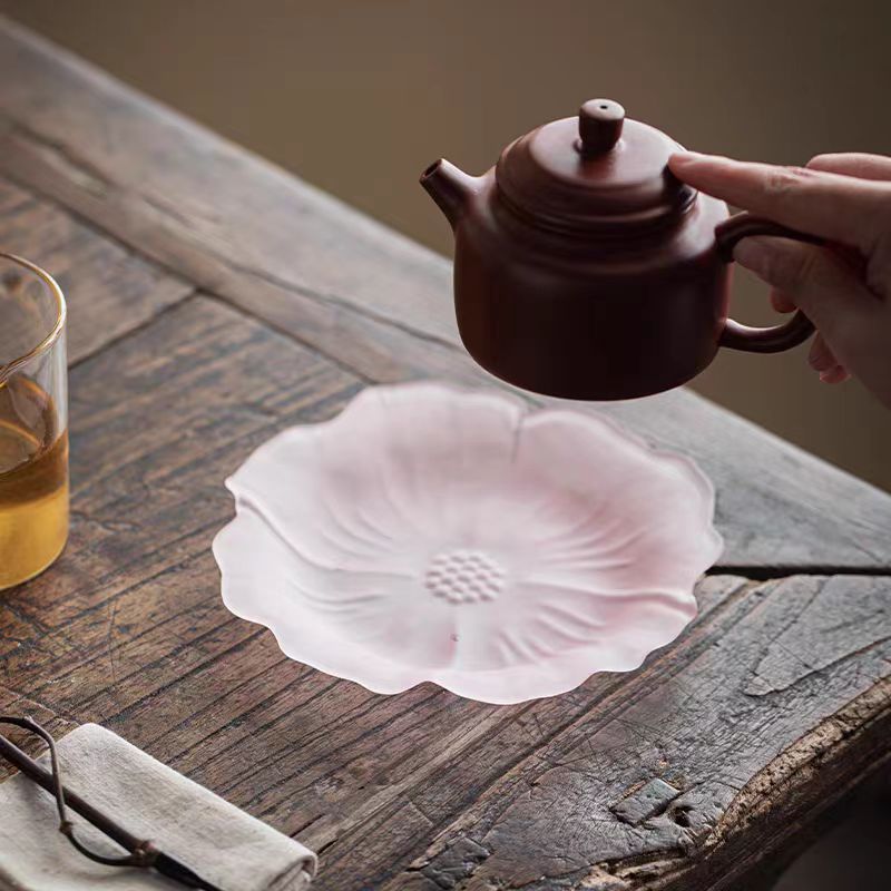 Frosted Glass Lotus Pot Bearing Glass Lotus Dry Bubble Table Pink Green Zen Tray Tea Set Accessories Small Tea Tray