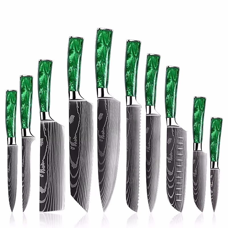 Cross-Border Export Green Resin Damascus Pattern Chef's Knife Set Meat Slicing Knife Santoku Knife Japanese Knife