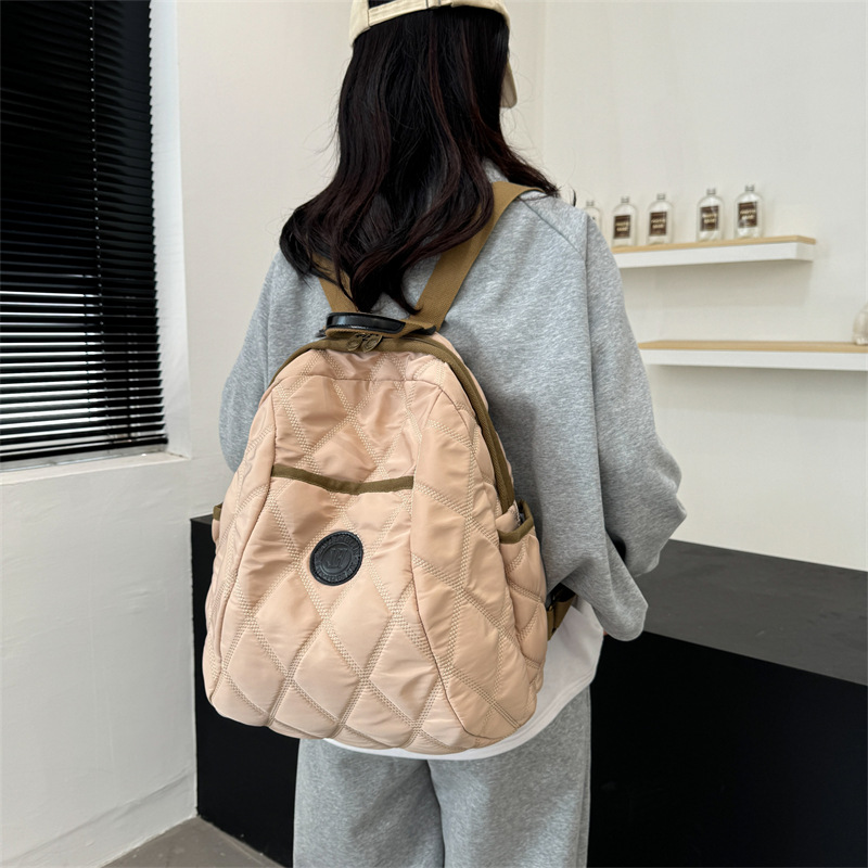 Simple and Trendy Casual Women's Backpack Autumn and Winter New Nylon Plaid Cotton Clothing Bag All-match Large Capacity Backpack