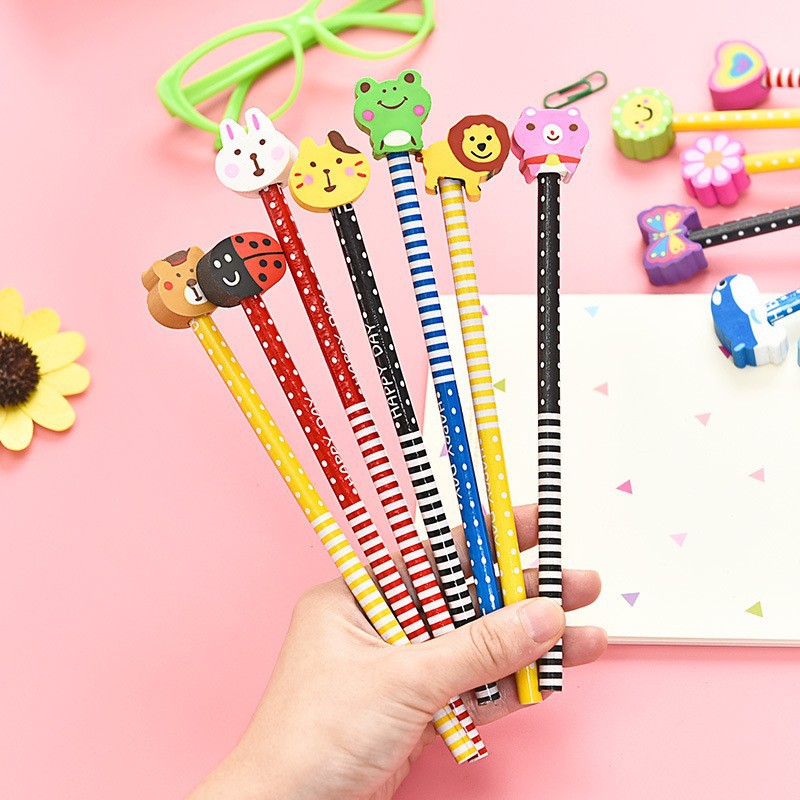 Cartoon Hb Pencil with Eraser Head Set Cute Kidsren Primary School Students Kindergarten School Supplies Stationery Gifts