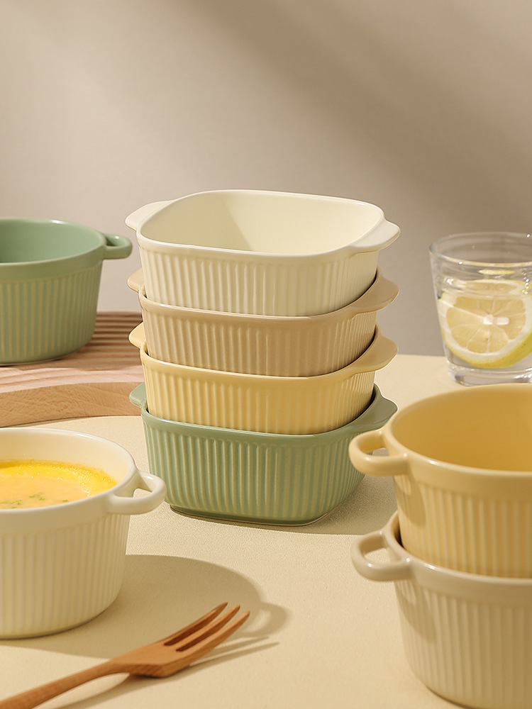 Soufflé Baking Bowl for Air Fryer Ceramic Double-Eared Bowl Egg Custard Steaming Bowl Steamed Egg Bowl Baby Qinxuan