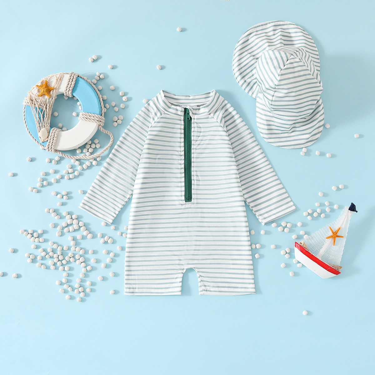 Cross-Border Export Infant Quick-Drying Swimsuit Jumpsuit Hat 2-Piece Set