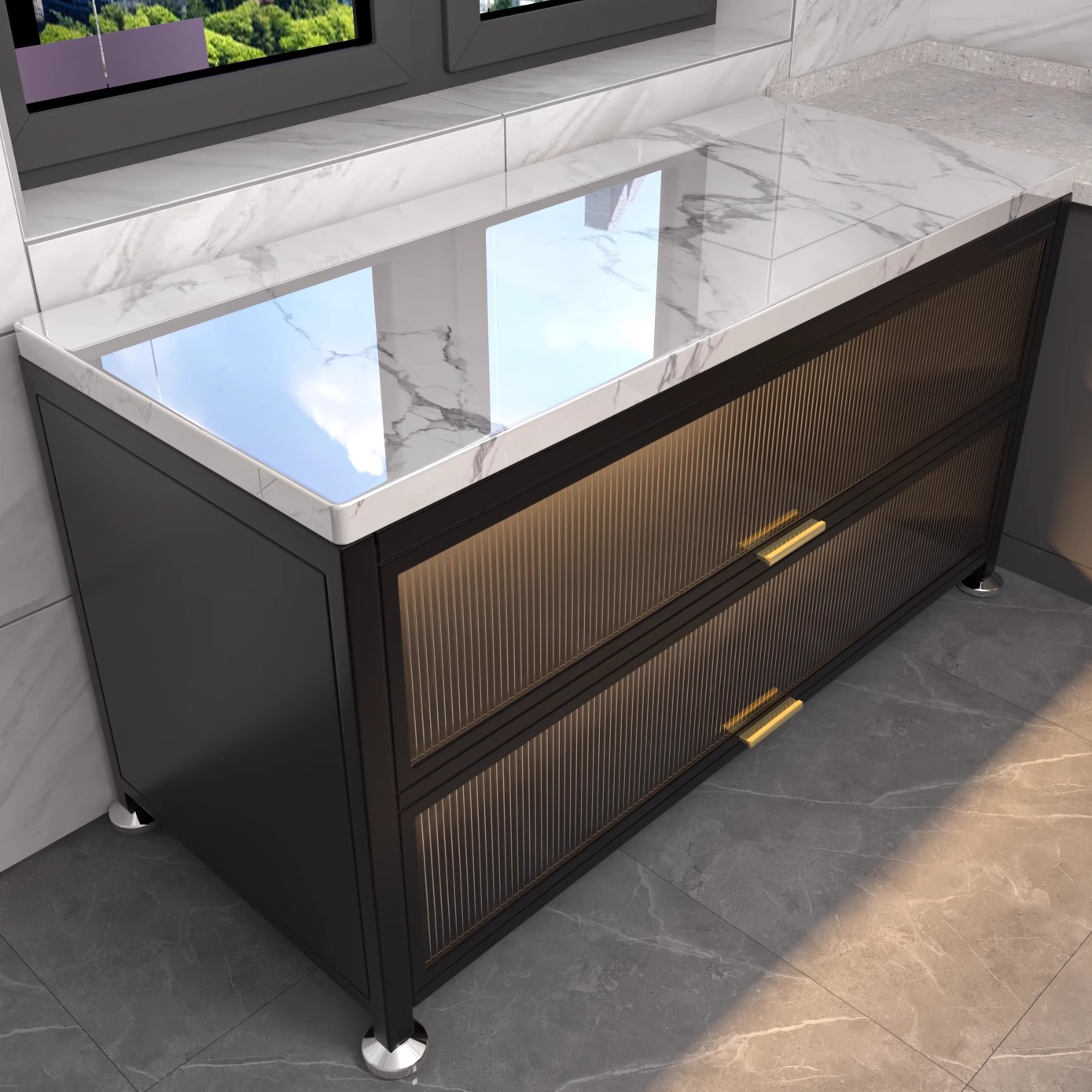 Кухонный сланцевый шкаф для хранения Микроволновая печь Многоуровневый напольный кухонный шкаф Пылезащитный шкаф