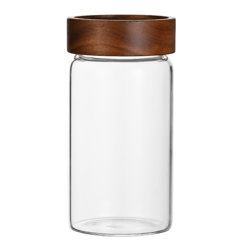 Acacia Wood Glass Storage Jar Kitchen Storage Scented Tea Coarse Grain Sealed Jar Food Grade Glass Bottle Household Storage Jar