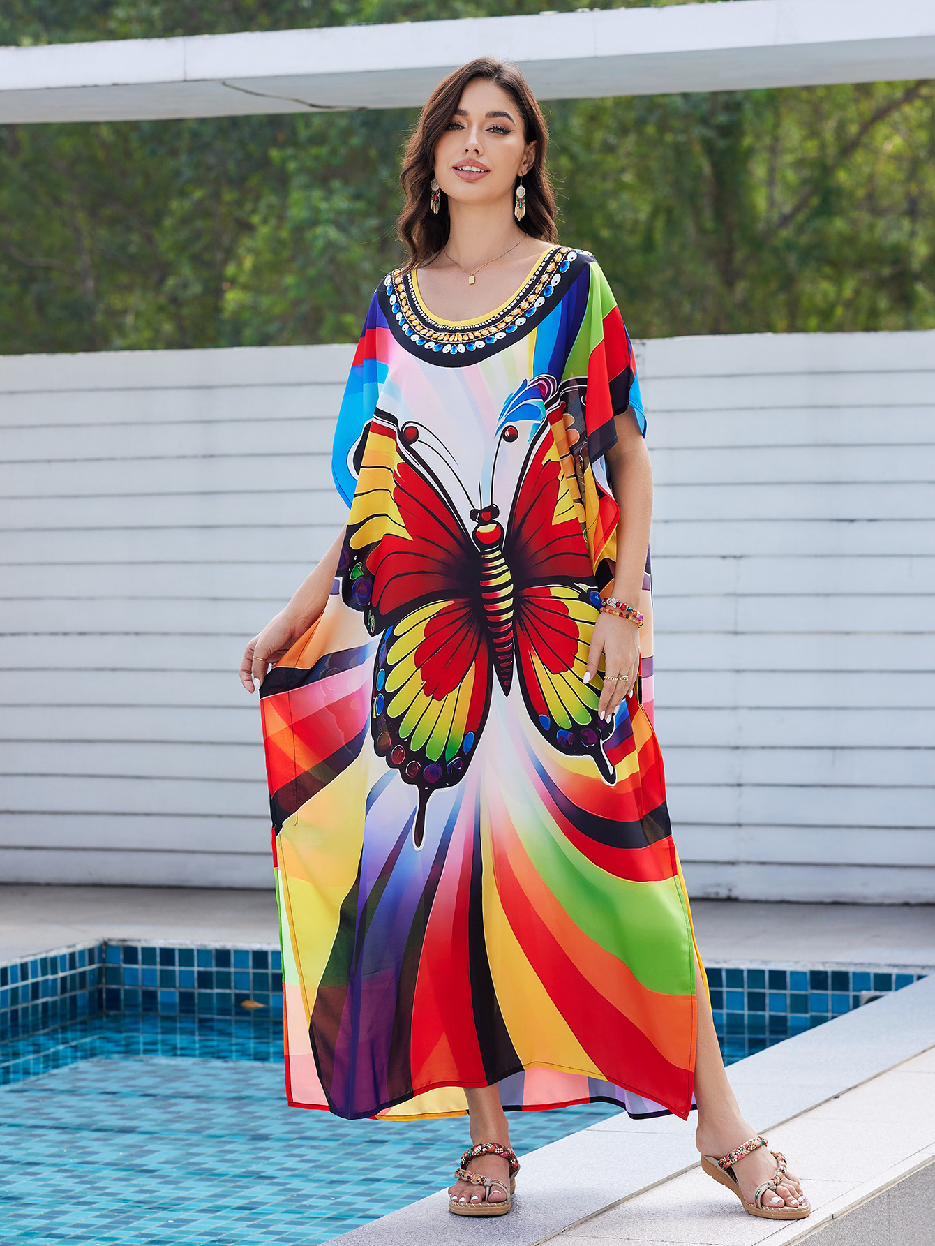 2025 Cross-border New Printed Beach Blouse Ethnic Style Robe Holiday dress Bikini Sunscreen F01