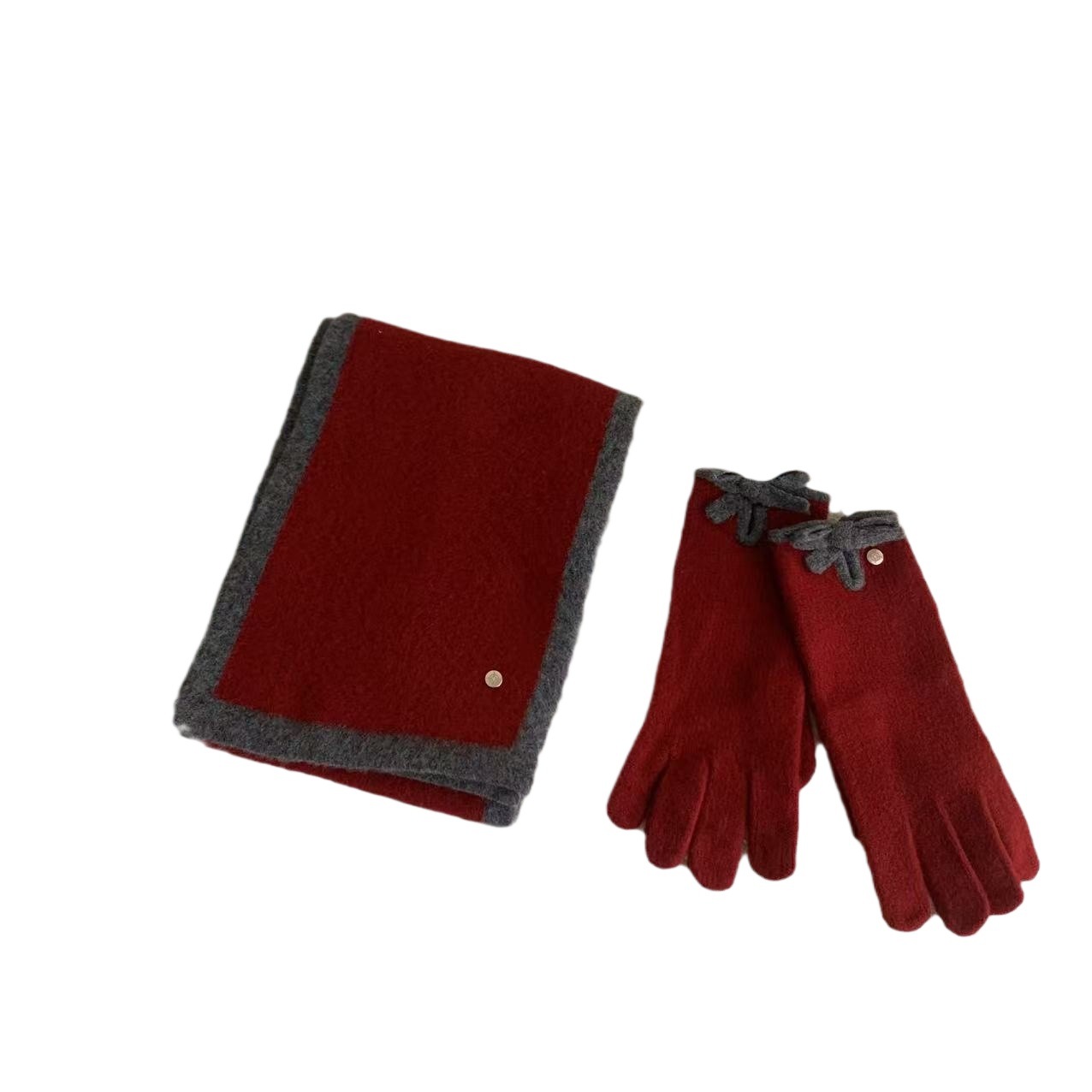 Wool Blended Scarf Gloves Two-piece Set Fashion Lady High-end Sense Black Grey Color-block Women's Winter Warm Scarf