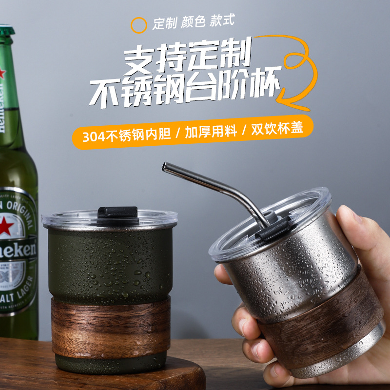 304 Stainless Steel Coffee Cup with Lid Outdoor Camping Cup Restaurant Beer Cup Thickened Anti-scalding Step Cup with Cup Cover