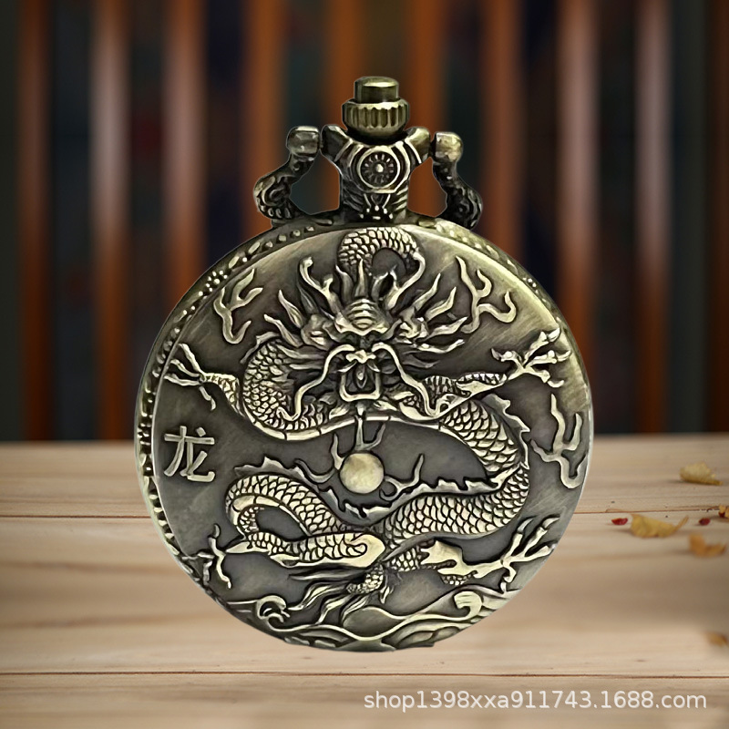 Wholesale large antique twelve zodiac quartz flip commemorative pocket watch three-dimensional relief universal hanging watch necklace