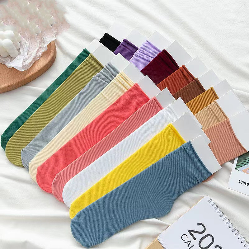 Spring and Summer Thin Mid-Calf Socks Ice Socks Pure Color Thin Japanese Style Pile Socks Ladies Ins Trendy Popular Ice Silk Socks