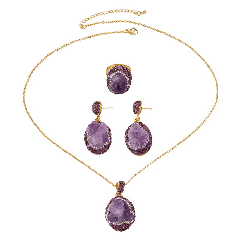 [Best Selling in Store] Natural Brazilian Amethyst Rough Stone Jewelry Set Clay Inlaid Jewelry Medieval Original