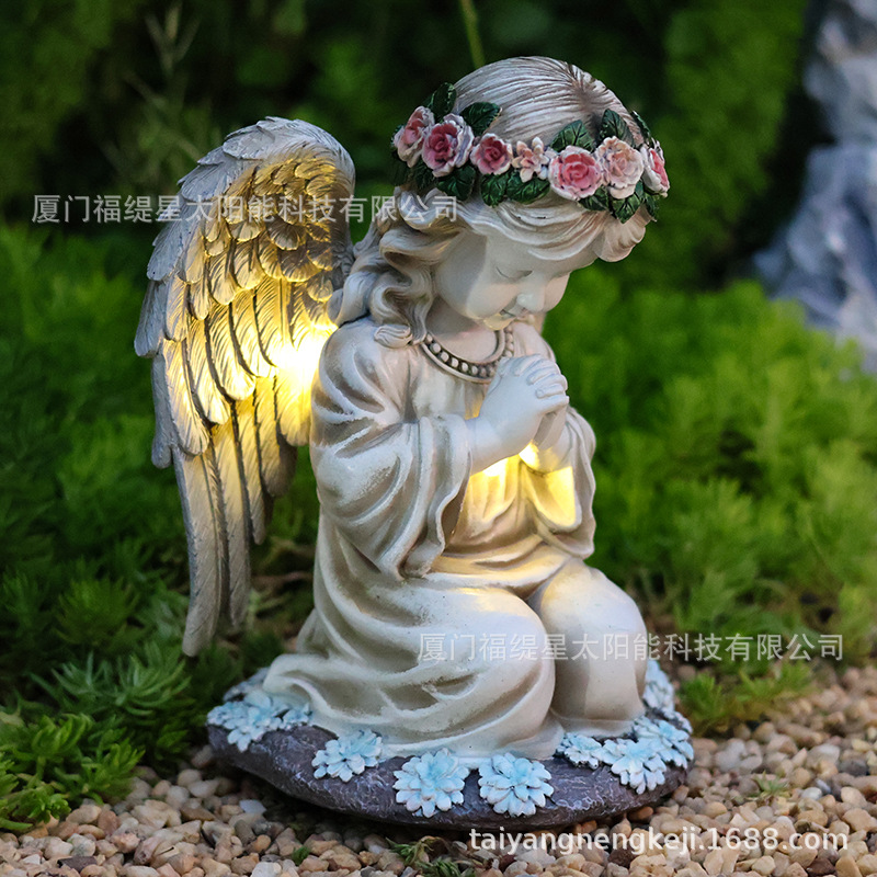 Cross-border new resin prayer Angel solar lamp outdoor little girl decoration garden decoration home garden lamp