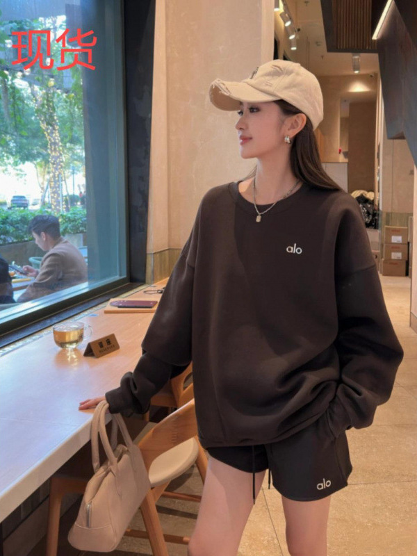 Alo2025 Spring Letter Logo Terry Round Neck Long-Sleeved Loose Couple Sweatshirt Pure Color Simple Style Versatile Yog