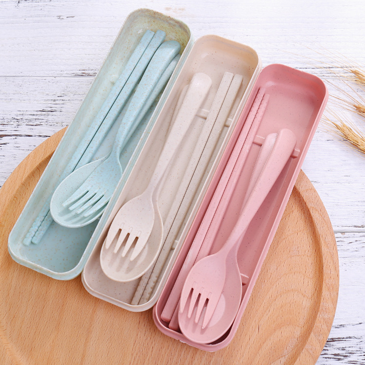 Wheat Straw Tableware Fork, Spoon and Chopsticks Three-Piece Set Scandinavian Color Kidsren's Outdoor Travel Picnic Portable Tableware Set