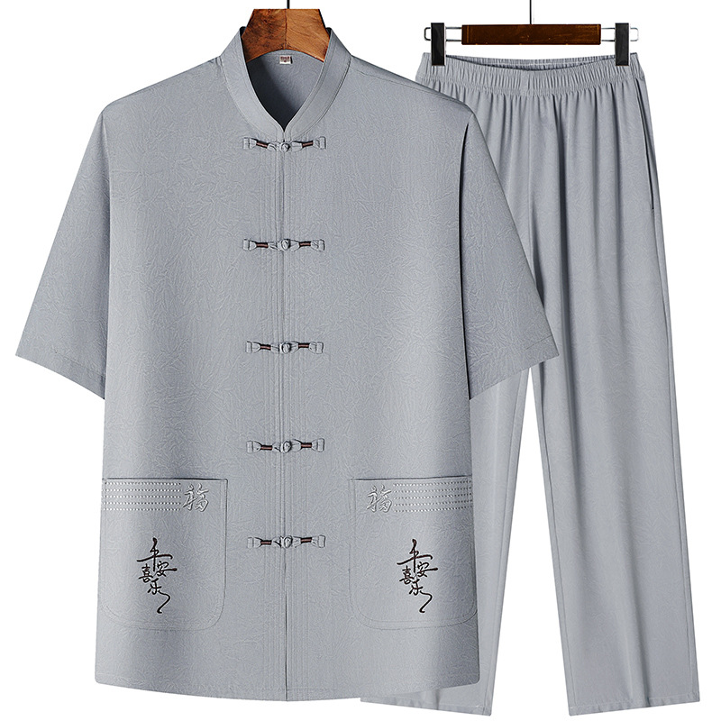Tang Suit Men's Middle-aged and Elderly Dad's Summer Suit Men's Clothes for the Elderly Grandpa Chinese Style Cotton and Linen Short-sleeved suit Hanfu