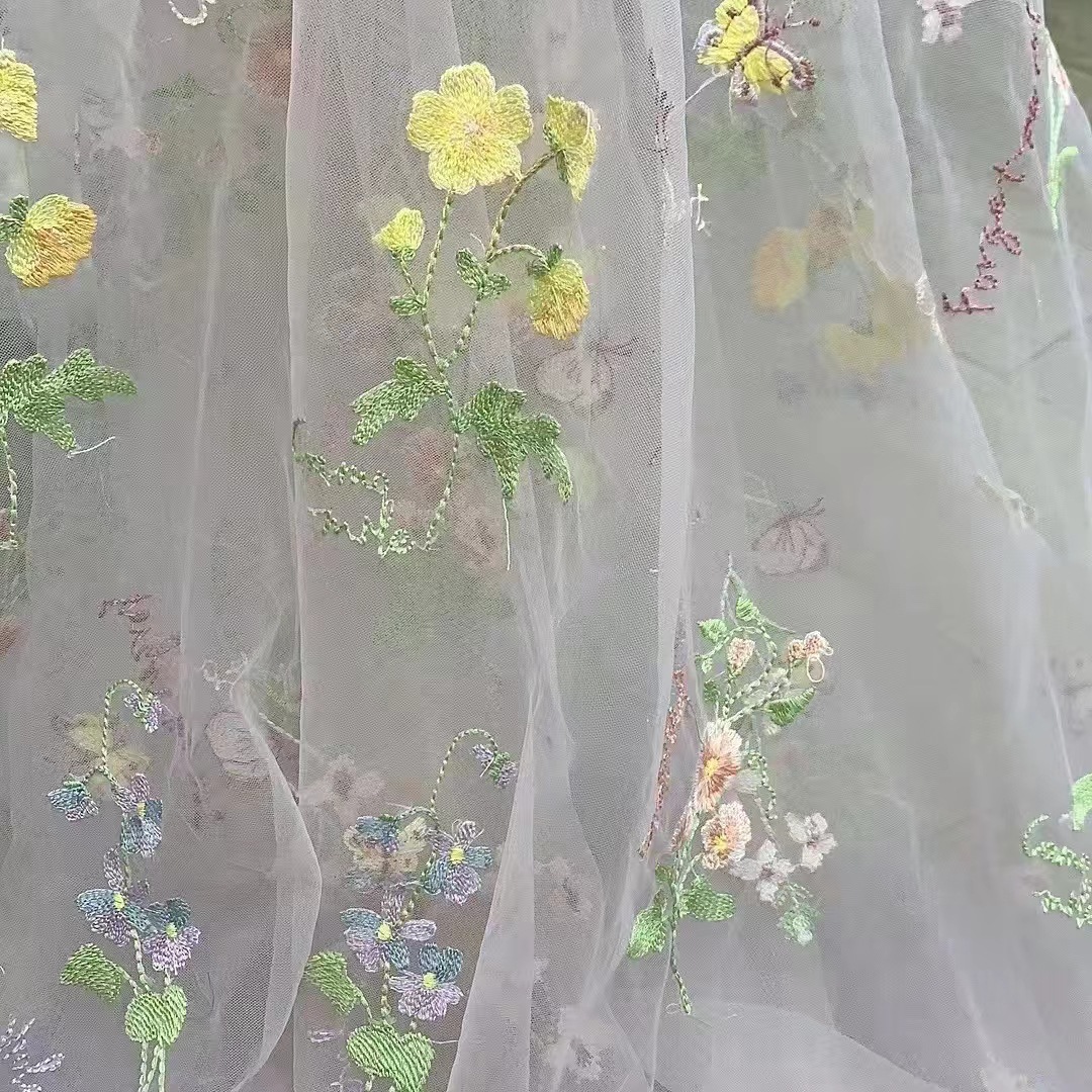 high quality Butterfly Plant Embroidery Swiss Mesh Mesh Embroidery Multicolor in stock Children's Wear Fabric