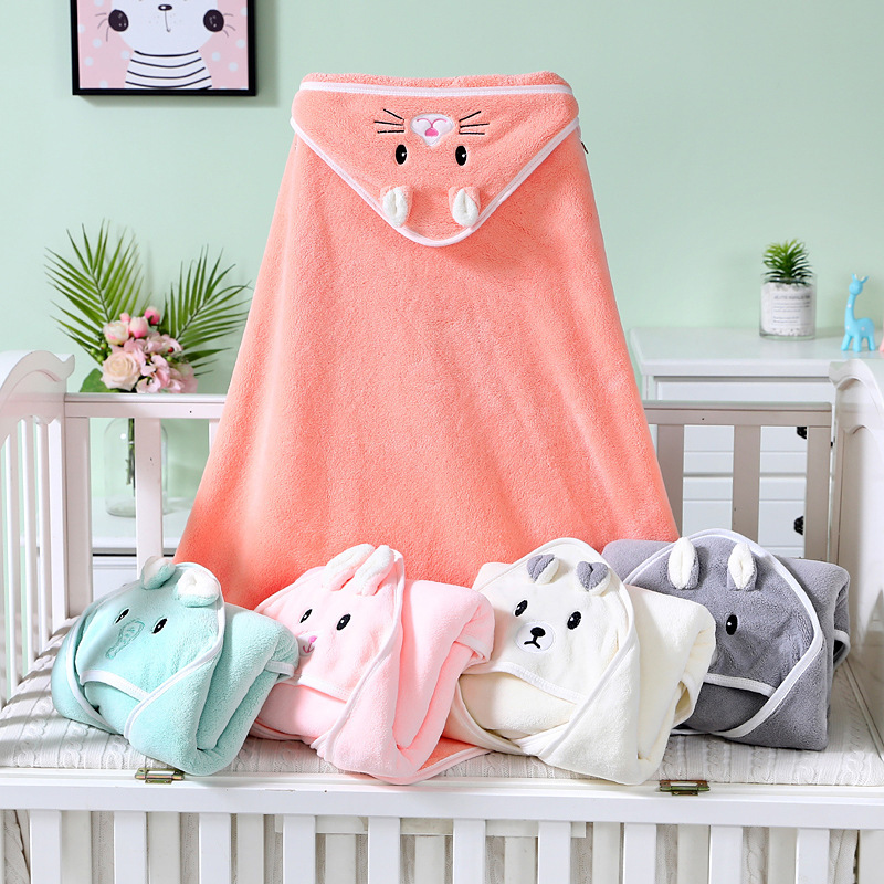 Baby Bath Towel Newborn Hug Covered Coral Fleece Covered Towel Embroidered Embroidered Blanket Animal Closed Eyes Hooded Cloak