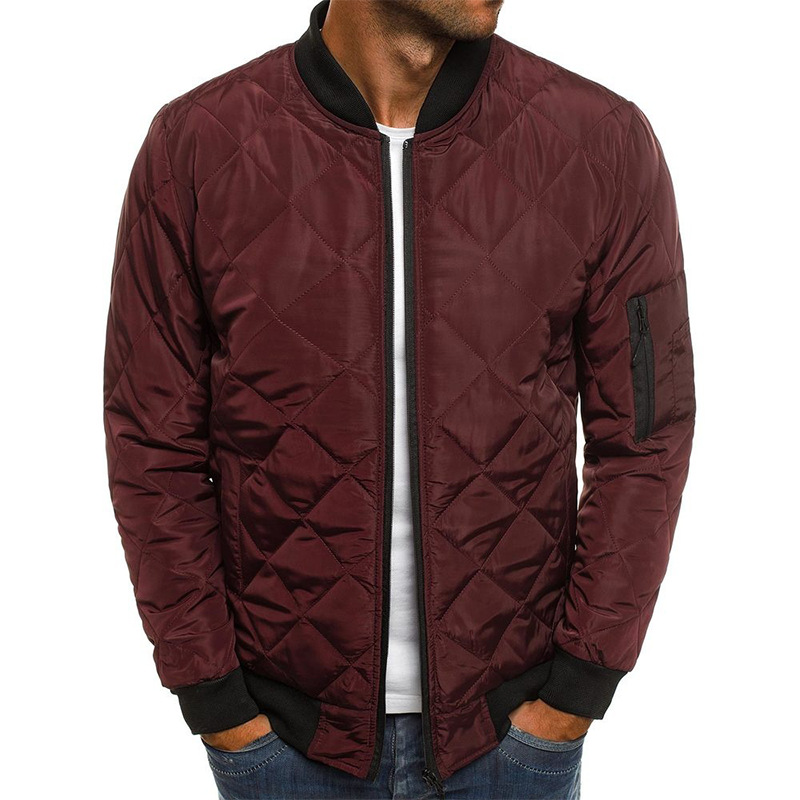 Foreign Trade European Size Men's Solid Color Jacket Cotton-padded Jacket Rhombic Stitching Rhombic Thickened Stand Collar Cotton-padded Jacket Winter Warm Cotton-padded Jacket