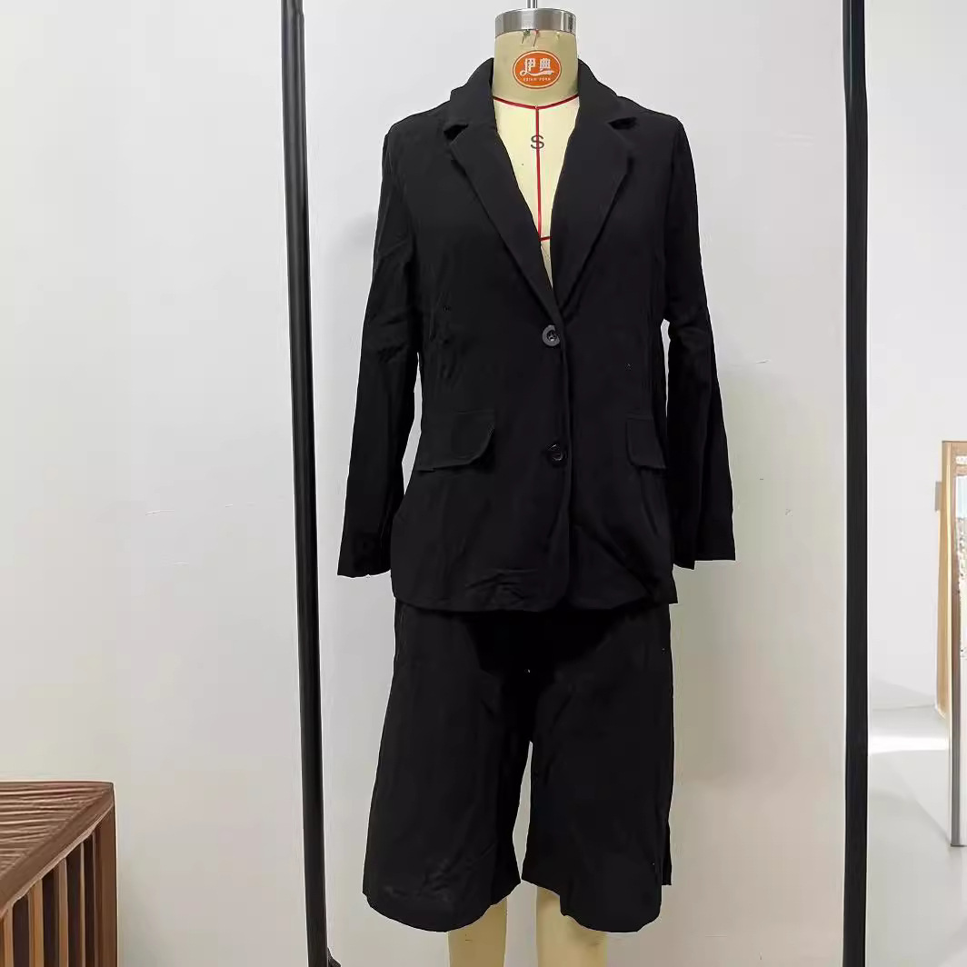 Amazon 2023 spring and autumn cross-border new foreign trade Women's cotton and linen cardigan top shorts small suit two-piece suit