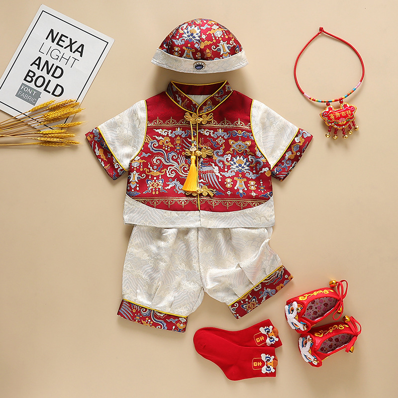 Boys' Summer New One-Year Old Dress Men's Treasure Birthday Banquet Grab Week Dress New Chinese Tang Suit Baby Crown Coat Hanfu