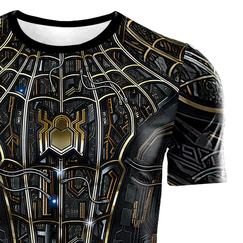 2025 Cross-Border Foreign Trade New Model Marvel Spider Web Print Black and Gold Tight-Fitting Short-Sleeved T-Shirt Casual Sports Fitness Quick-Drying