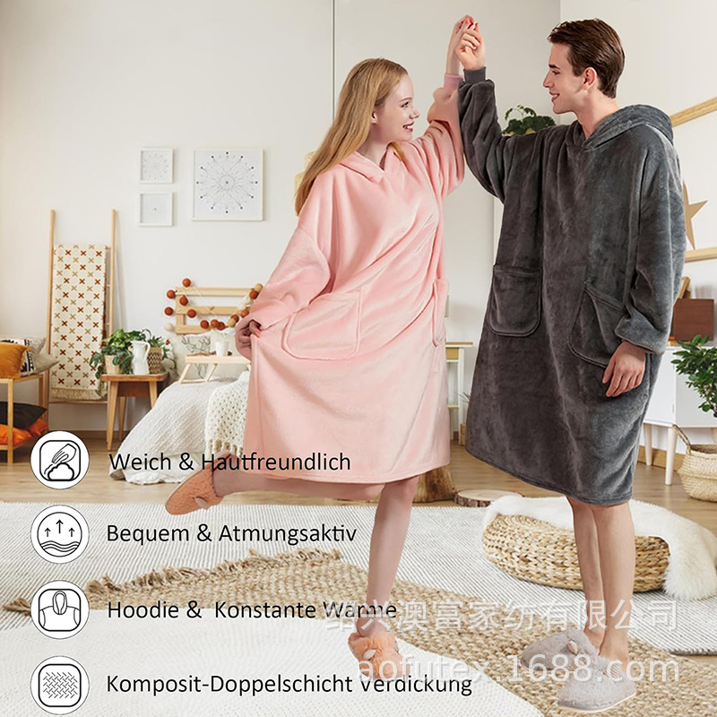 Winter Flannel Hooded Blanket, Thickened Double-Layer Fleece Pullover Style, Cold-Proof, Extra-Long Home Lazy Tv Blanket