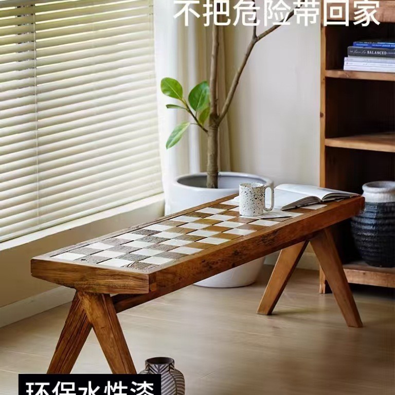 Quiet Style Old Elm Wood Parquet Long Stool Chinese Homestay Hotel Checkerboard Dining Chair Home Entrance Shoe Changing Stool