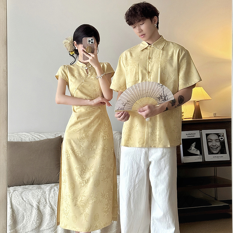2025 Summer New Chinese Style Artistic Women's Improved Cheongsam National Style Stand Collar Elegant Embroidered Dress Couple Outfit