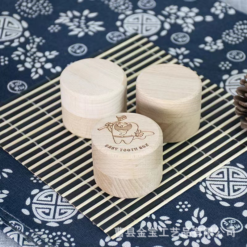 Spot Beech Round Deciduous Tooth Box Wooden Kidsren's Baby Lost Tooth Collection Storage Box with Lid Tooth Storage Box