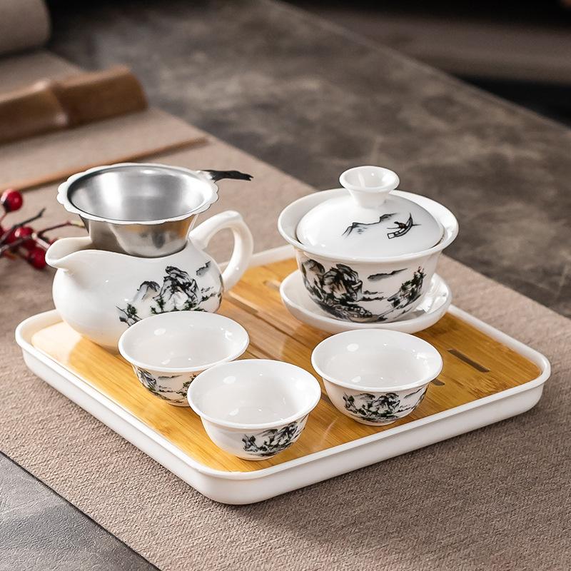 Household Kung Fu Tea Set One Cover Bowl Three Cups Simple Tea Brewing Ceramics Tea Cup Dry Brewing Tea Tray