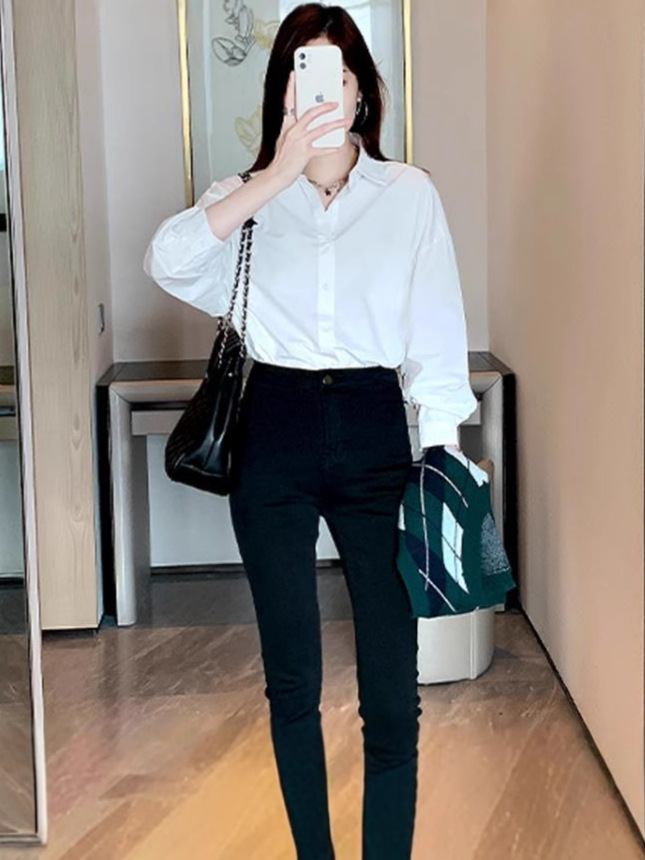 Uniform Shirt Basic Long-Sleeved White Shirt for Women New Versatile Basic Work Clothes with Retro Shirt for Women