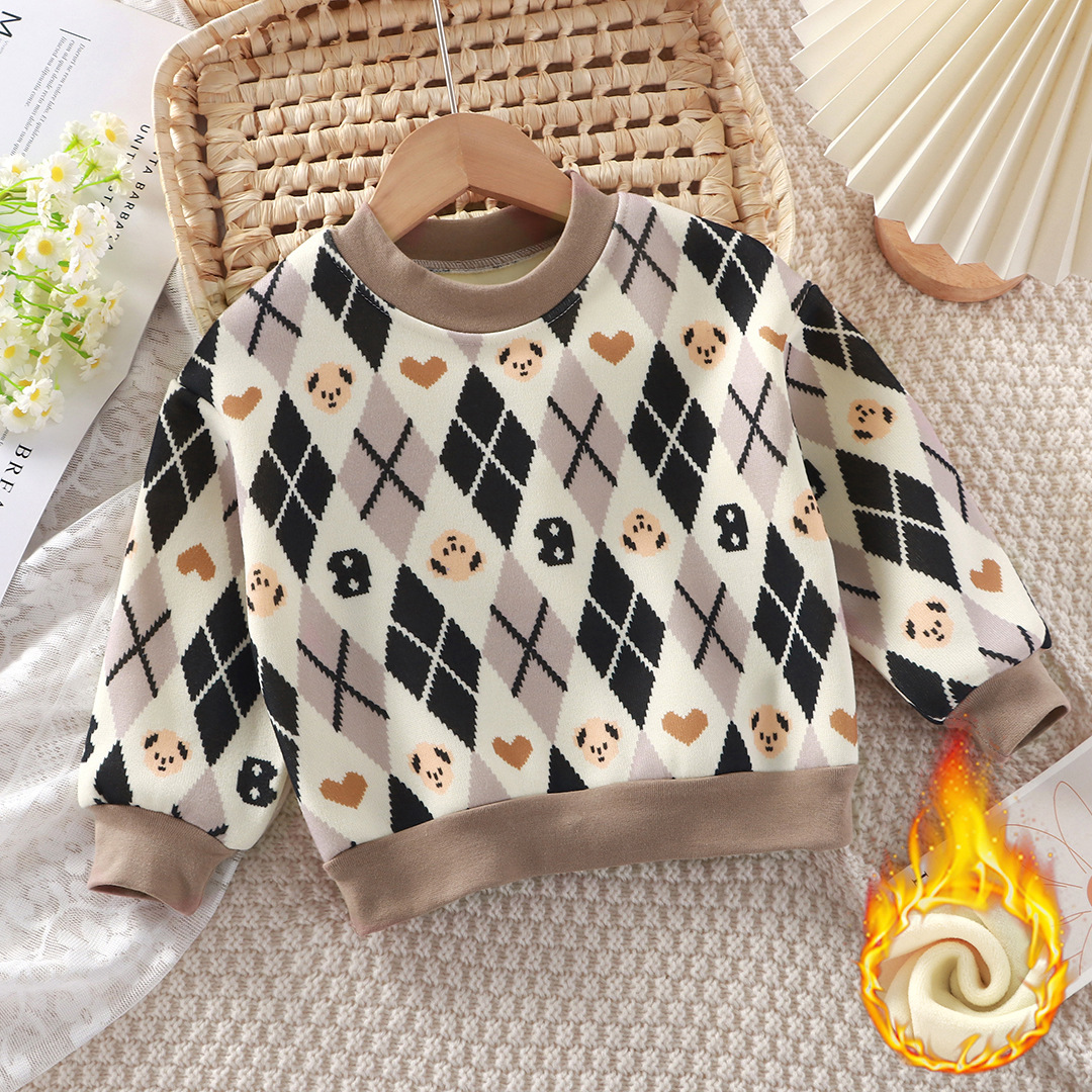 Children's fleece-lined T-shirt autumn and winter boys thick baby sweater clothes girls warm sweater children's clothing wholesale
