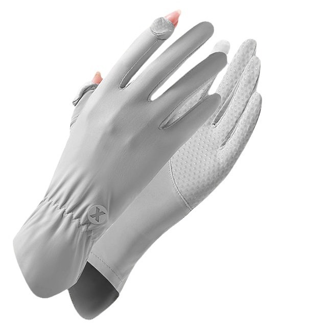 Summer sun protection gloves women's UV protection thin open finger mid-length Ice Silk oversleeve driving riding sports non-slip