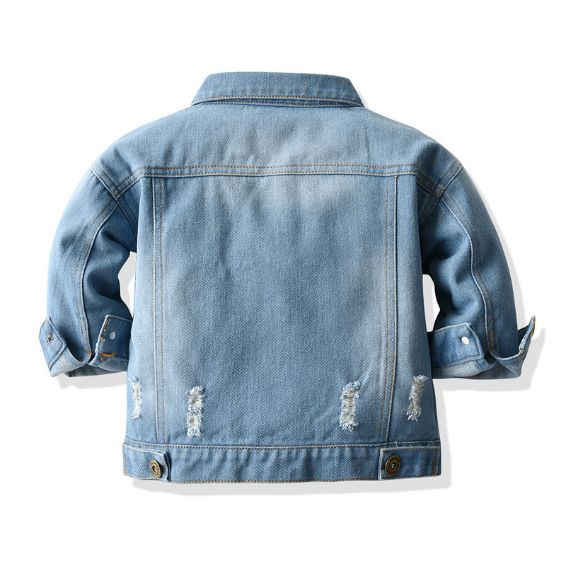 Autumn Neutral Short Denim Jacket Korean Style for Boys and Girls, Distressed Lapel Ripped Denim Long-Sleeved Top, Trendy Style