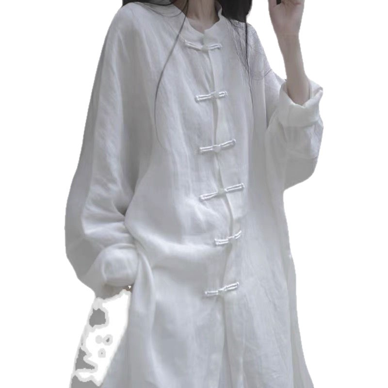 Rikyu White Tea Homemade Zen Buckle Loose Shirt Han Dynasty Style White Shirt Women's Mid-Length