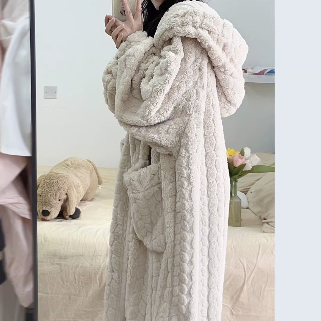 Cute Little Hamster Pajamas Women's Autumn and Winter Coral Fleece Thickened Long Flannel Student Hooded Winter Nightgown Women