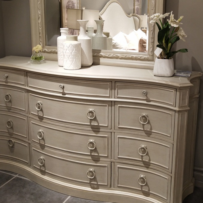 American Art Summer Picture Double Bed Bedroom Furniture Combination with Solid Wood Bedside Table, Bedside Stool, Dressing Table and Drawer Cabinet