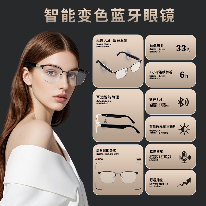 Ai Translation Cross-Border Smart Glasses Bluetooth Glasses Gs06 Blue Light Color-Changing Glasses for Listening to Music and Making Phone Calls with Replaceable Lenses