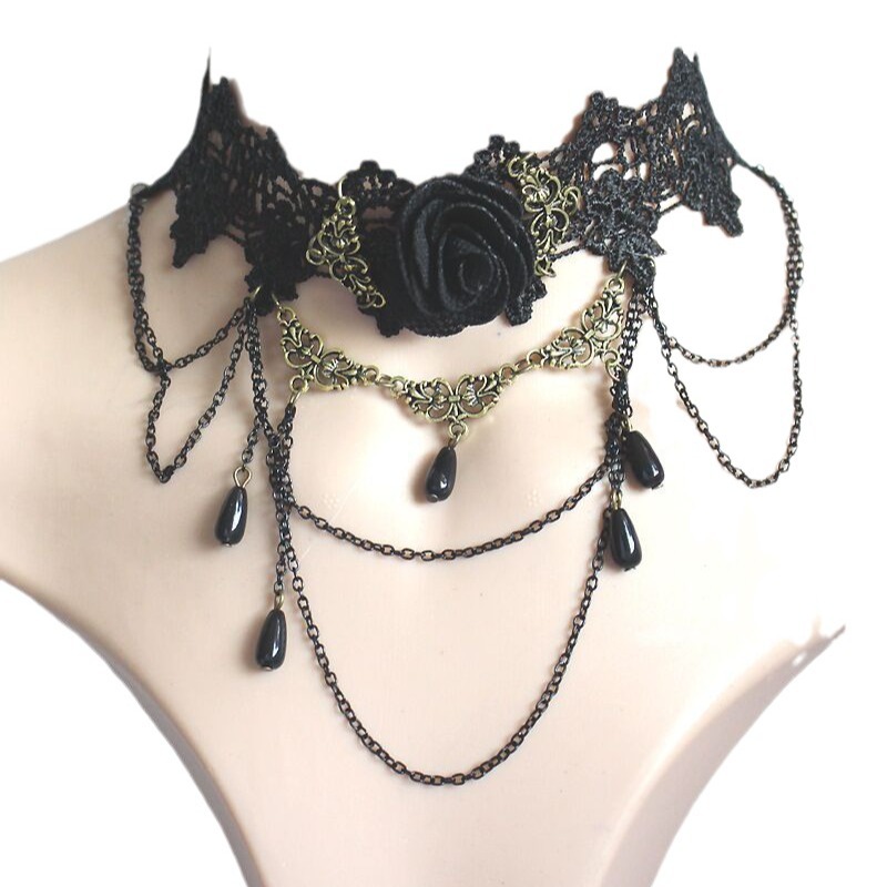 Cross-Border Hot Selling Retro Gothic Gemstone Drop Necklace Black Choker Collar Clavicle Chain Rose Necklace