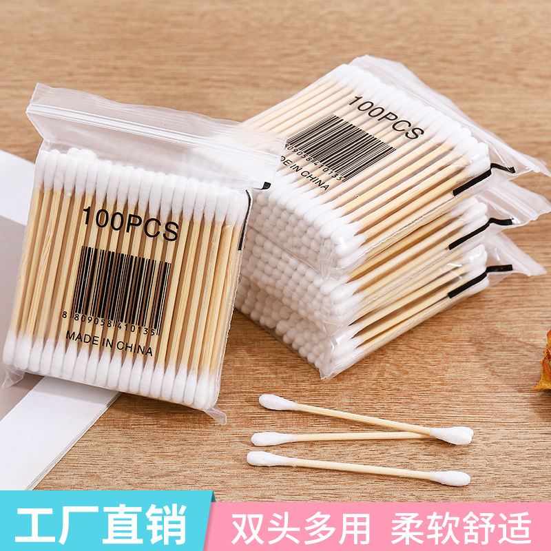 Двусторонние ватные палочки, 100 штук, деревянные, для снятия макияжа