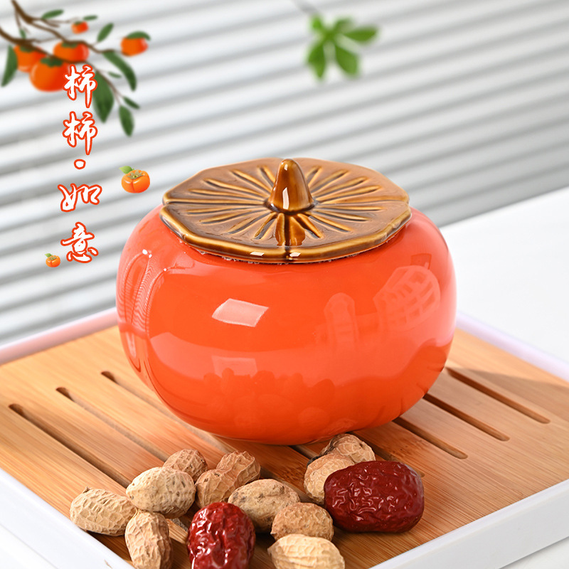 Large Persimmon Tea Cans Medium Size Good Things for Everything Ceramic Sealed Persimmon Candy Cans Wedding Candy Cans Candy Boxes